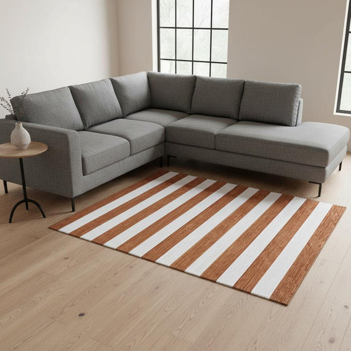 10' X 14' Striped Washable Area Rug With UV Protection (647632) - Rust / Ivory