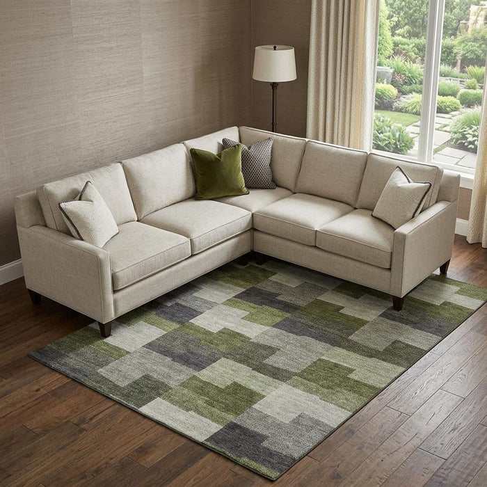 10' X 14' Geometric Washable Area Rug With UV Protection (654946) - Olive Green / Gray / Ivory