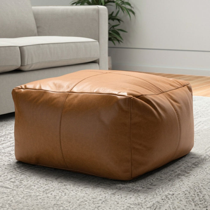 22" Genuine Leather Pouf Ottoman - Tan
