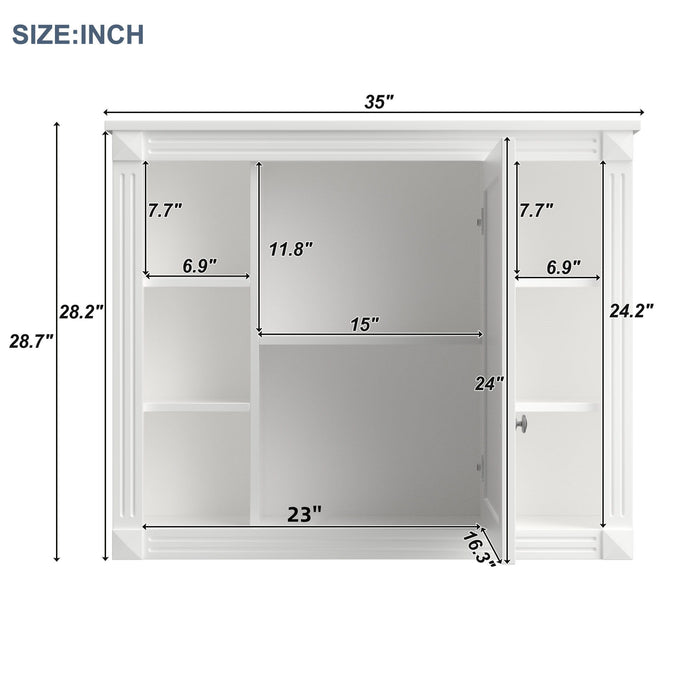 Giga wall-mounted bathroom medicine cabinet with mirror, six open shelves, and adjustable interior storage space.