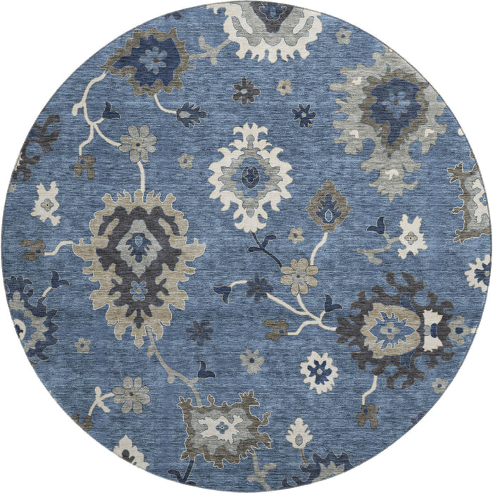 8' Traditional Floral Medallion Washable Round Rug With UV Protection - Blue