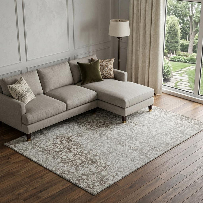 10' X 14' Damask Washable Area Rug With UV Protection (692082) - Chocolate / Ivory