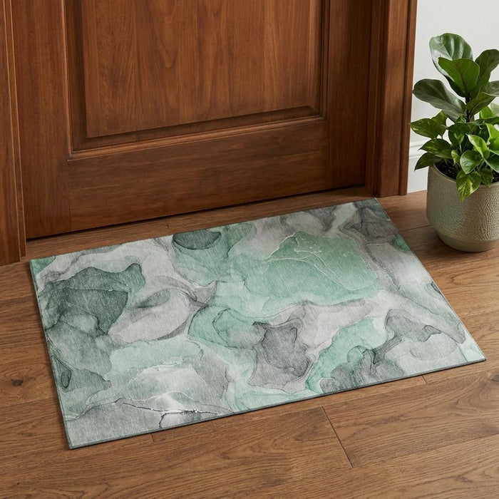 3' X 5' Abstract Washable Area Rug With UV Protection (646717) - Green / Gray / Ivory