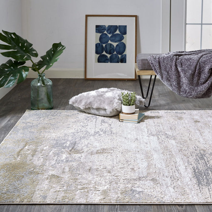 10' x 13' Abstract Stain Resistant Area Rug - Ivory Gold And Gray