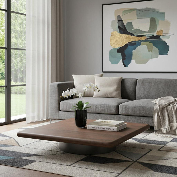 HomeRoots wood and stainless steel square coffee table with brown wooden top and silver metal pedestal base.