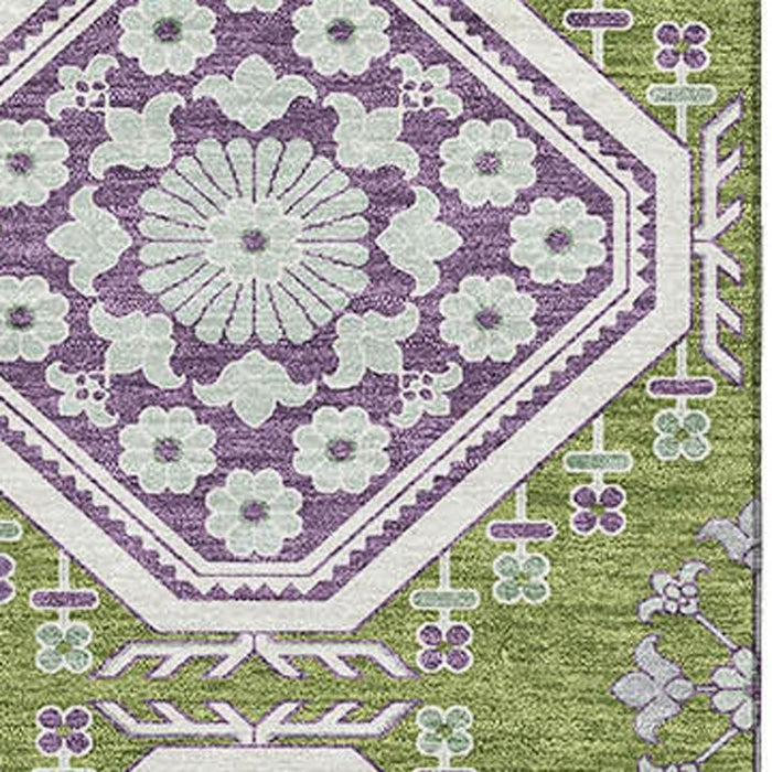 10' X 14' Floral Washable Area Rug With UV Protection (693738) - Lime Green / Ivory / Purple