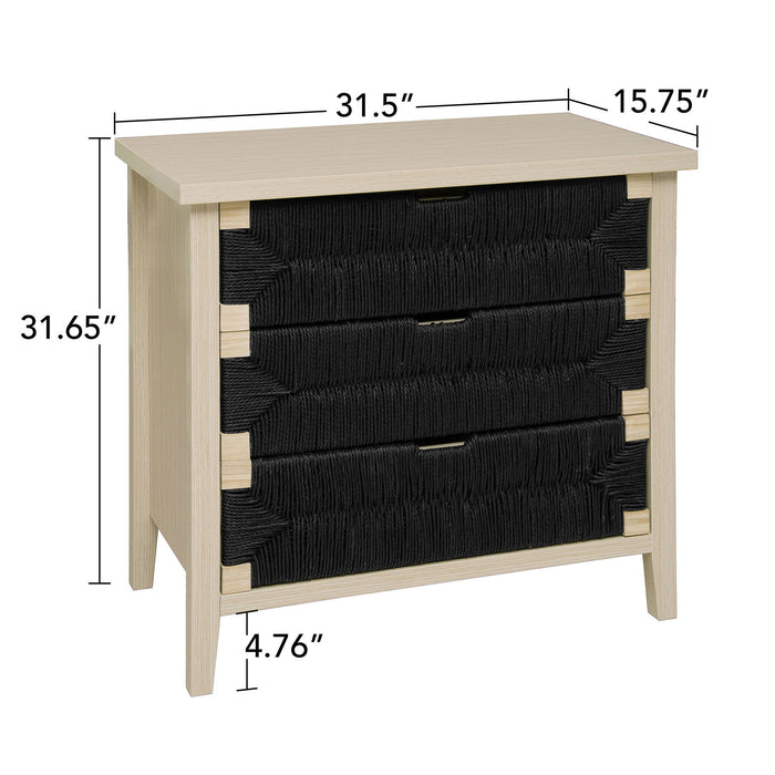 Giga 3-drawer sideboard with adjustable shelves, natural seaweed decor doors, ideal for living room, kitchen, or entryway storage.
