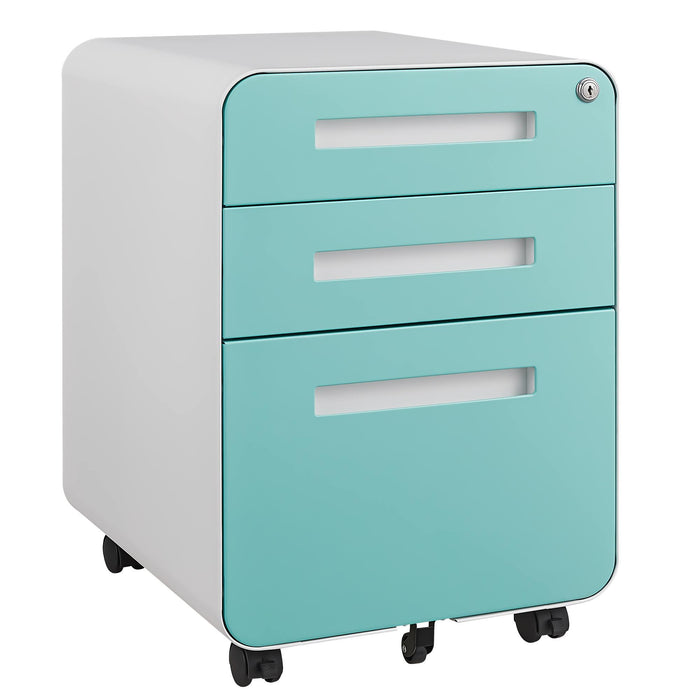 Giga 3-drawer mobile filing cabinet with 5-wheel design, steel construction, under-desk office storage for legal and letter files.