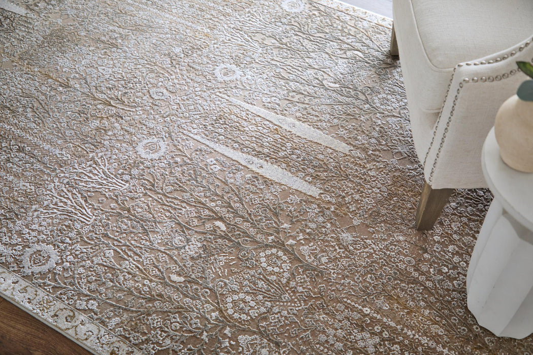 8' X 11' Floral Area Rug With Fringe (744231) - Ivory / Taupe / Gold