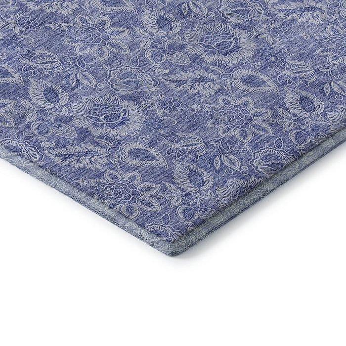 10' X 14' Floral Washable Area Rug With UV Protection (655138) - Denim Blue / Ivory