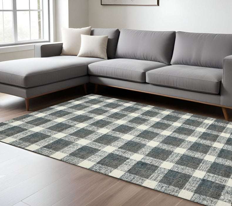 9' X 13' Wool Plaid Hand Tufted Area Rug - Dark Gray And Ivory