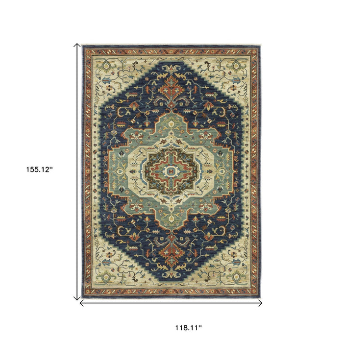 10' X 13' Oriental Area Rug With Fringe - Blue And Orange