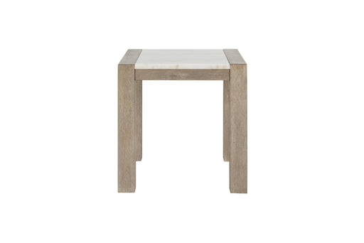 Natural and white end table from Global Furniture USA, showcasing a modern design with a wooden top and sleek legs.