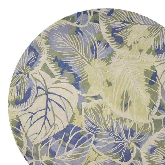 6' Hand Tufted Tropical Leaves Round Indoor Area Rug - Blue Green