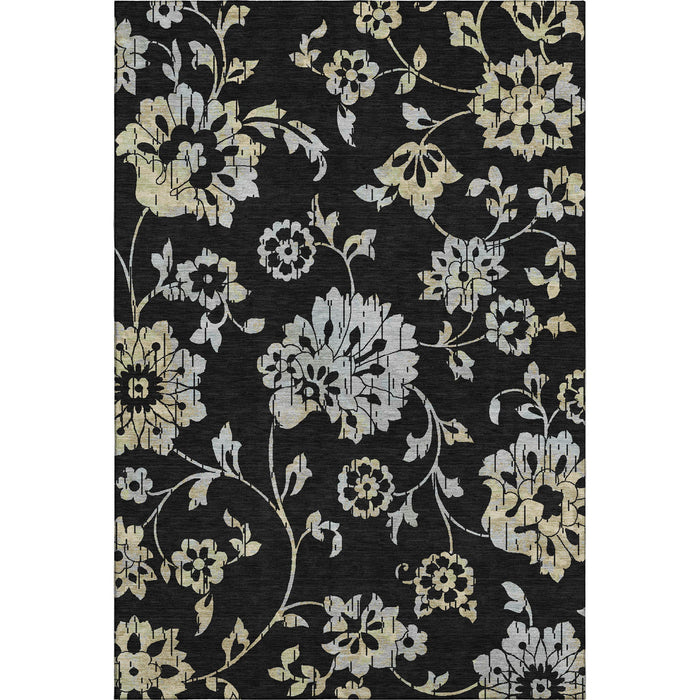 10' X 14' Floral Washable Area Rug With UV Protection (667897) - Black / Silver / Beige