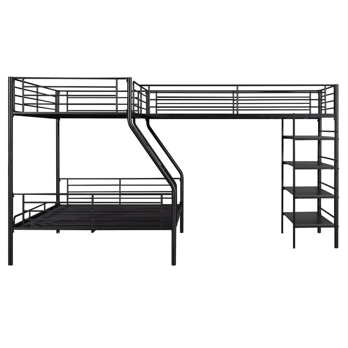 Black Giga L-shaped twin over full bunk bed with twin loft, featuring four built-in shelves for storage and space-saving design.