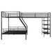 Black Giga L-shaped twin over full bunk bed with twin loft, featuring four built-in shelves for storage and space-saving design.