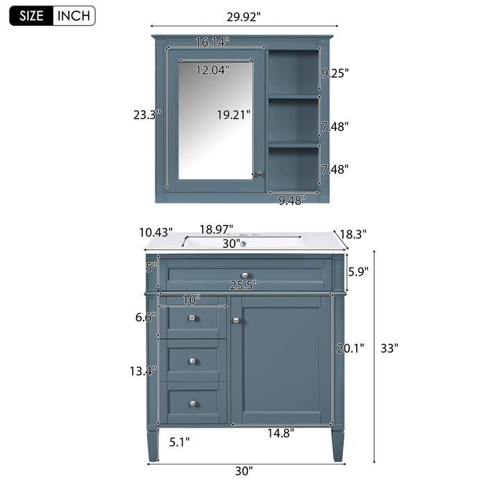 Giga bathroom vanity with medicine cabinet, modern storage, two soft-close doors, and four drawers in a sleek design.