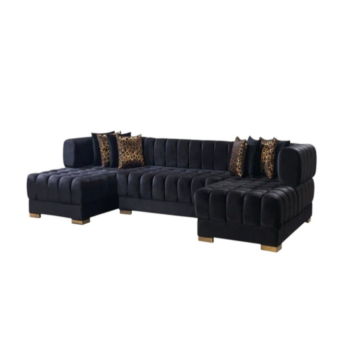 Velvet Three Piece Sofa Chaise Sectional With Toss Pillows - Black