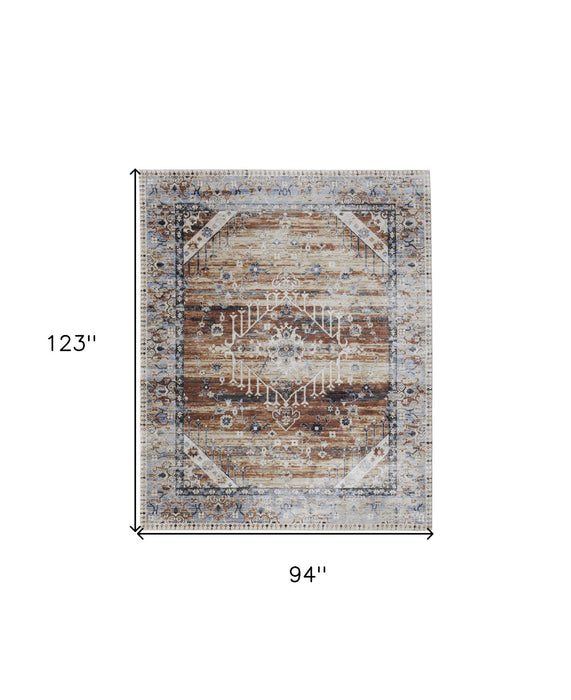 8' x 10' Abstract Power Loom Worn Faded Area Rug - Ivory Red And Blue