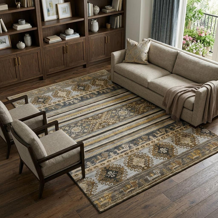 10' X 14' Medallion Washable Area Rug With UV Protection (695246) - Chocolate / Ivory / Gray
