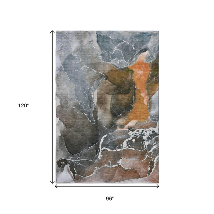 8' X 10' Abstract Washable Area Rug With UV Protection (646690) - Orange / Charcoal