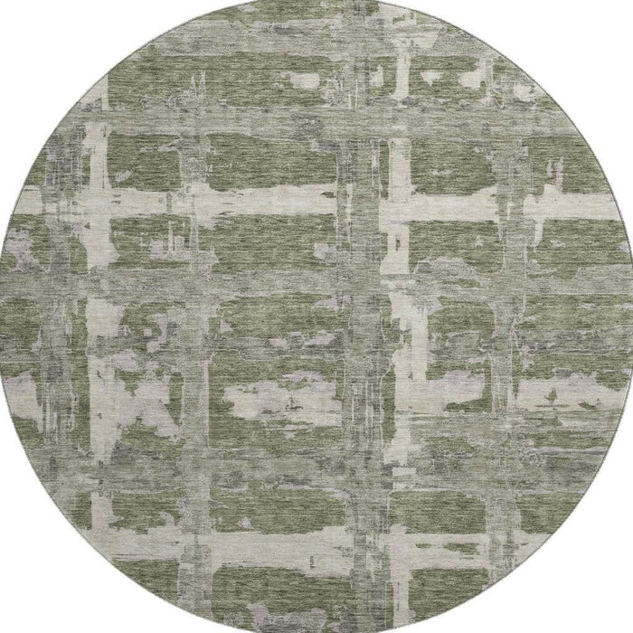 8' Striped Washable Round Rug With UV Protection - Olive Green And Beige