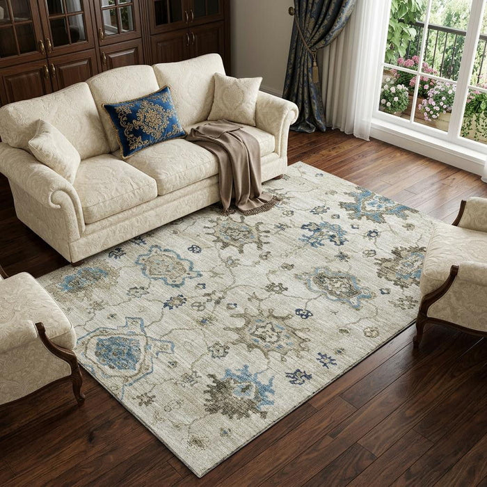 8' X 10' Floral Medallion Distressed Washable Area Rug With UV Protection (644608) - Blue / Ivory / Gray