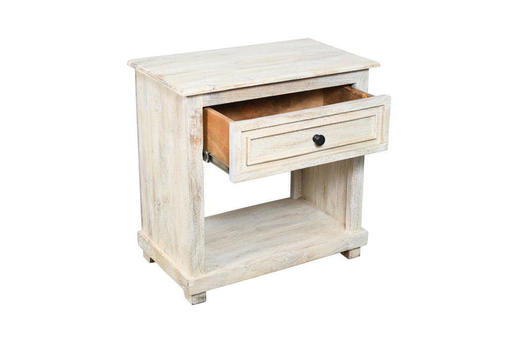 28" Solid Wood Distressed One Drawer Nightstand - White