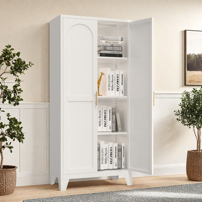 White Giga metal storage cabinet with two shapely doors and adjustable shelves, ideal for bedroom or living room organization.