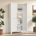 White Giga metal storage cabinet with two shapely doors and adjustable shelves, ideal for bedroom or living room organization.