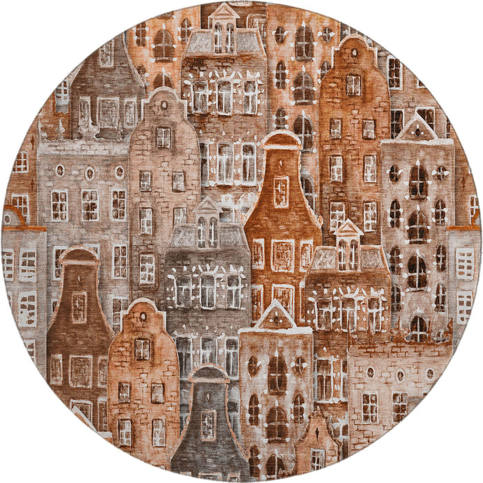 8' Abstract Geometric Washable Round Rug With UV Protection (650881) - Chili Red / Gray / Ivory