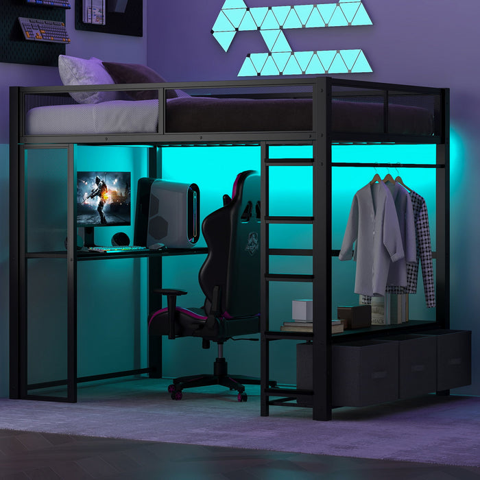 Giga black full size gaming loft bed with LED desk, open wardrobe, and three linen storage drawers in a modern bedroom setup.