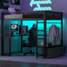 Giga black full size gaming loft bed with LED desk, open wardrobe, and three linen storage drawers in a modern bedroom setup.