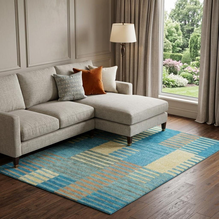 10' X 14' Striped Washable Area Rug With UV Protection (675684) - Teal / Orange / Gold