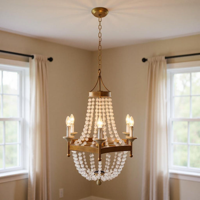 Candle Style Six Light Metal Frosted Glass Chandelier - Gold / White