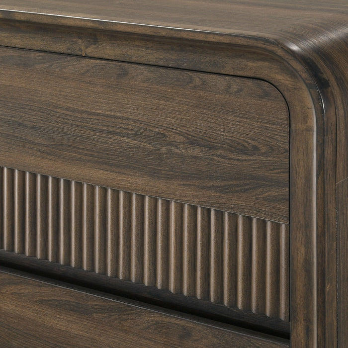 Giga Flair rounded edges brown 5-drawer chest for bedroom storage, featuring a sleek accent chest design with smooth rounded edges.