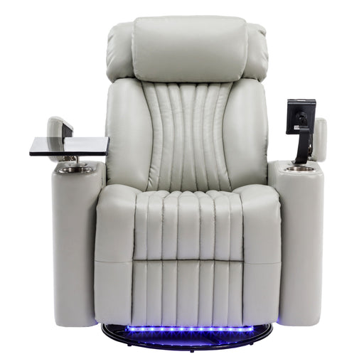 Giga 270° power swivel recliner home theater chair with hidden arm storage, LED light, cup holder, and tray table.