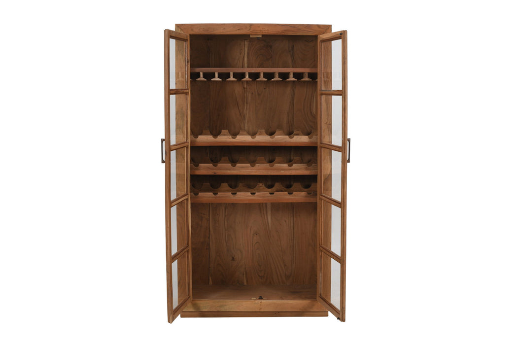 HomeRoots 42-inch solid wood and glass wine cabinet with four shelves, brown finish, designed for stylish wine storage and display.