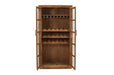 HomeRoots 42-inch solid wood and glass wine cabinet with four shelves, brown finish, designed for stylish wine storage and display.