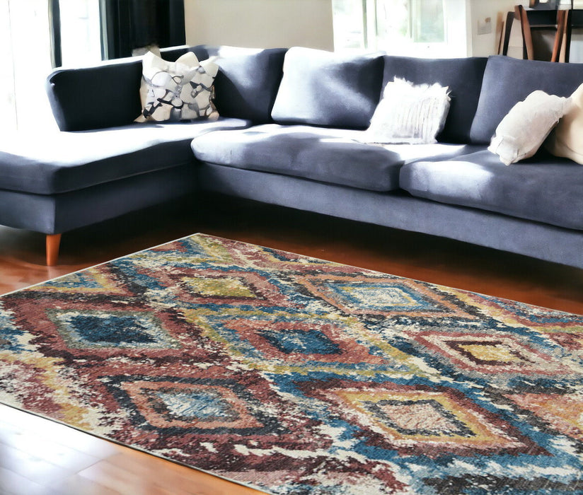 9' x 13' Geometric Distressed Area Rug With Fringe - Blue