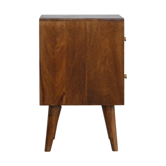 22" Solid Wood Carved Geometric Two Drawer Nightstand - Chestnut