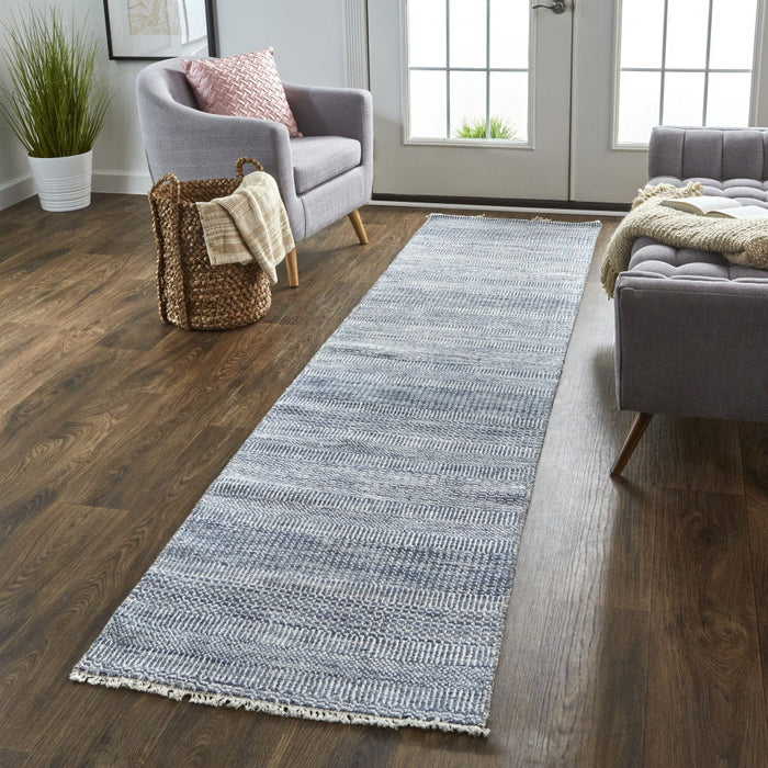 12' Wool Striped Hand Knotted Runner Rug - Blue And Gray
