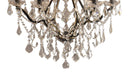 Black metal chandelier with six candle-style lights and crystal glass accents, designed by HomeRoots.
