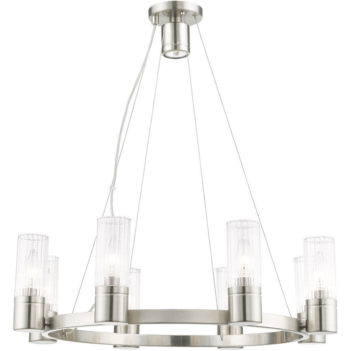 20" Eight Light Metal Dimmable Chandelier With Shades - Nickel / Clear