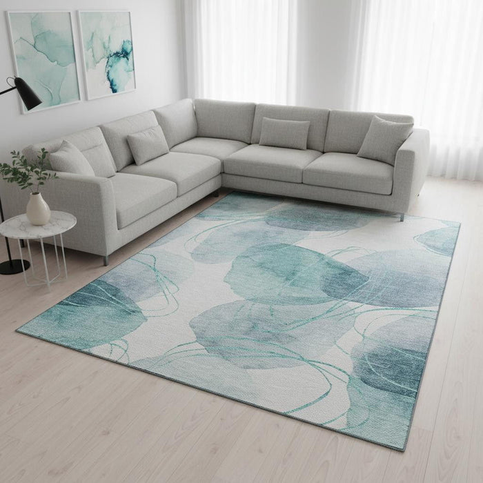 9' X 12' Abstract Washable Area Rug With UV Protection (648441) - Teal / Ivory