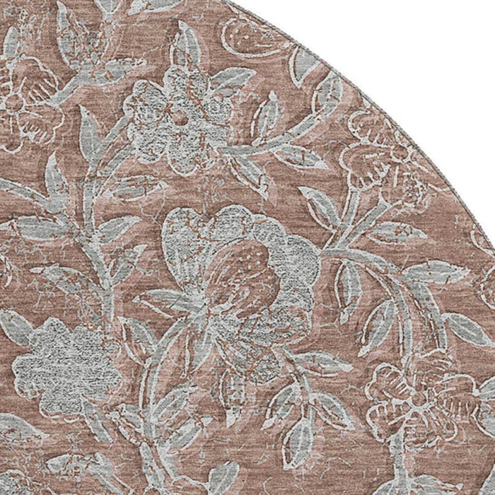 8' Floral Washable Round Rug With UV Protection - Terra Cotta And Gray