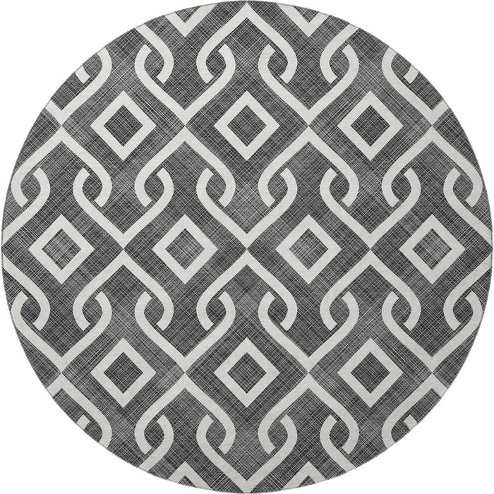 8' Geometric Washable Round Rug With UV Protection (652464) - Black / Ivory
