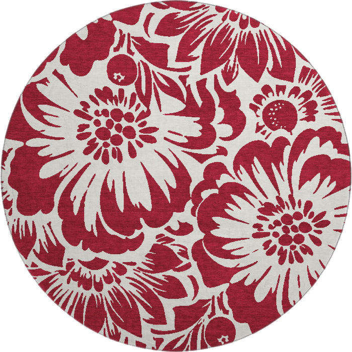 8' Floral Washable Round Rug With UV Protection (648631) - Burgundy / Ivory