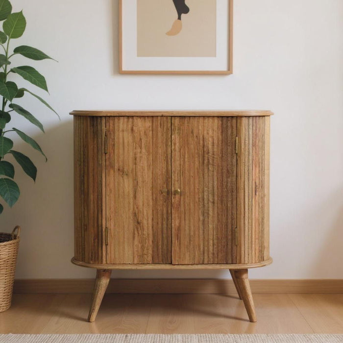 32" Solid Wood Oval Ribbed Texturere Cabinet With Two Doors - Brown